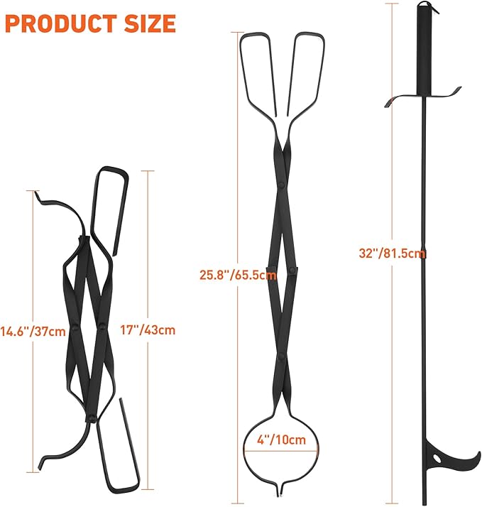 Heavy Duty Fireplace Fire Pit Campfire Bonfire Fire Tong and 32 inch Long Fire Poker Set with Traveling bag, firewood Grabber Tool for Wood-Burning for Solo Firepit Indoor and Outdoor use