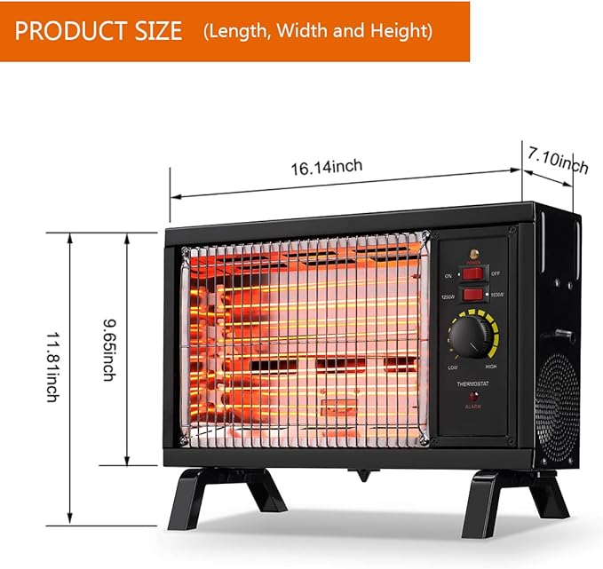 Homeleader ETL Portable Radiant Heater, 1250W/1500W Space Heater for Indoor Use, Rapid Heating with Adjustable Thermostat, Perfect for garages, Black
