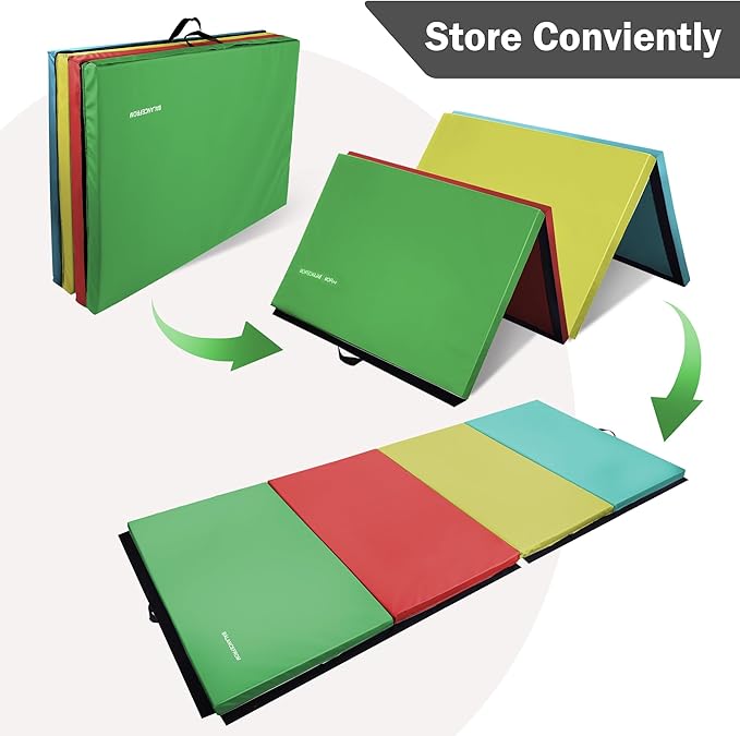 Folding Exercise Gymnastics Mat, 4'x8'x2" Gym Workout Mat with Carrying Handles 4-Fold High-Density Anti-Tear Portable Fitness Aerobics Mat for Home Gym Yoga Pilates Tumbling MMA Core Training