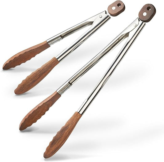 Wooden Kitchen Cooking Tongs 2 Pcs Food Tongs with Wood Tip 9 Inch 12 Inch Walnut Wooden Kitchen Tongs for Salad Tossing and Serving Food