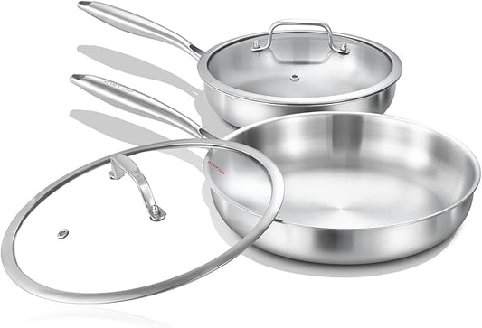 DELARLO Tri-ply Stainless Steel Frying Pan Set with Lid 10" 12" Induction large Skillets Chef's Pan,Pots and Pans Set Kitchen Cookware Set Suitable for All Stove