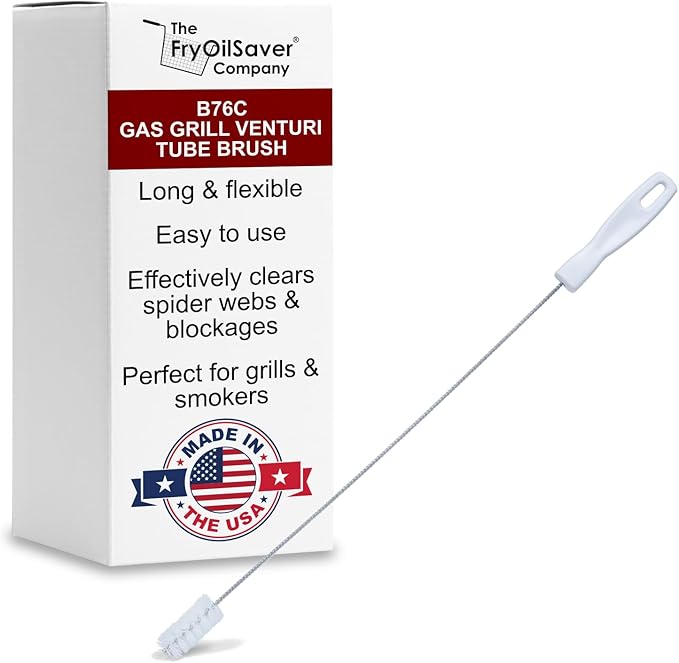 Gas Grill Venturi Tube Brush, Cleans Spider Webs, Grease, Debris, Food Build Up, Prevents Flare Ups, Long & Flexible Blockage Unclogger Cleaning Brush for Gas Grill Burner Pipe by FryOilSaver Co. B76C