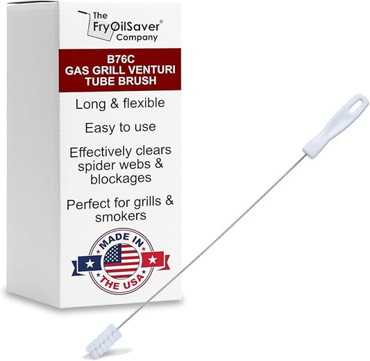 Gas Grill Venturi Tube Brush, Cleans Spider Webs, Grease, Debris, Food Build Up, Prevents Flare Ups, Long & Flexible Blockage Unclogger Cleaning Brush for Gas Grill Burner Pipe by FryOilSaver Co. B76C