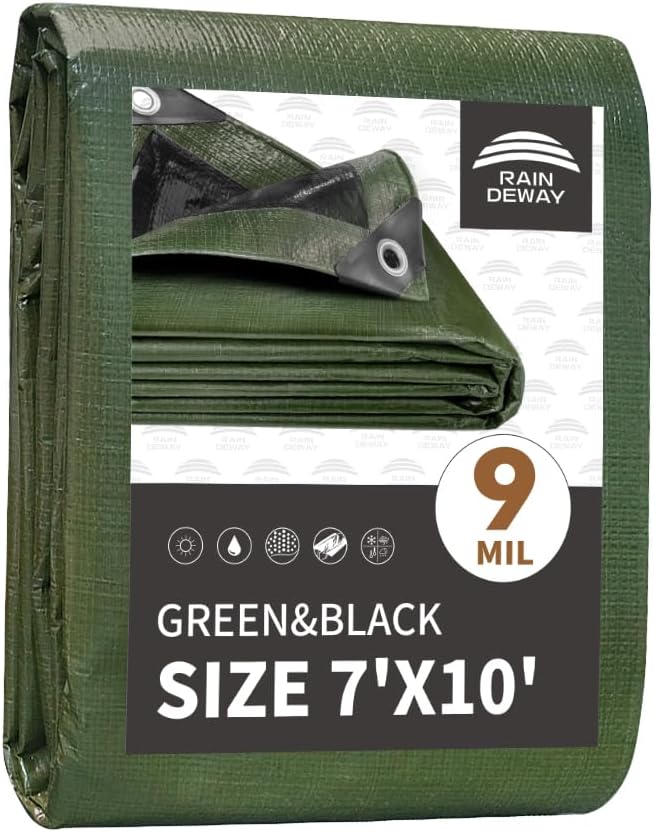 RAINDEWAY Tarps 7x10 Feet,Tarp Waterproof,9Mil Thick,Finished Size,Multipurpose Poly Tarp Cover with Metal Grommets and Reinforced Edges,Green/Black Tarpaulin