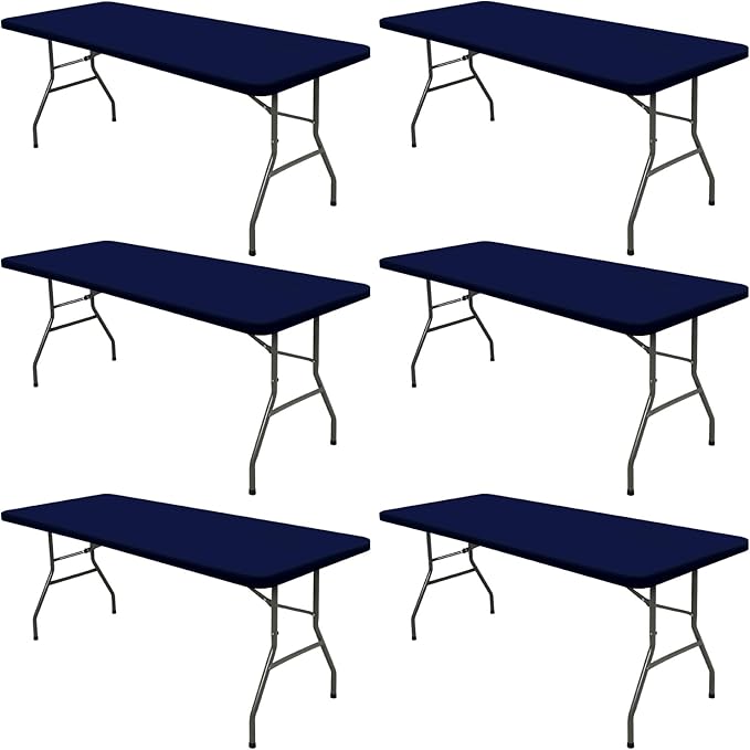6 Pack Picnic Table Cover Fitted Elastic Tablecloth for 6 Foot Rectangle Tables Waterproof Stretch Washable Folding Indoor and Outdoor Spandex Table Cloth for Parties Camping (Navy Blue,30" x 72")