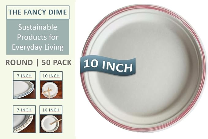 Disposable Plate: Heavy Duty Fancy Eco-Friendly 100% Compostable Paper Plates (50 Count), Tree Free Sugarcane Bagasse Fiber Color Party Plate 10 Inch Pink Dinner Plate