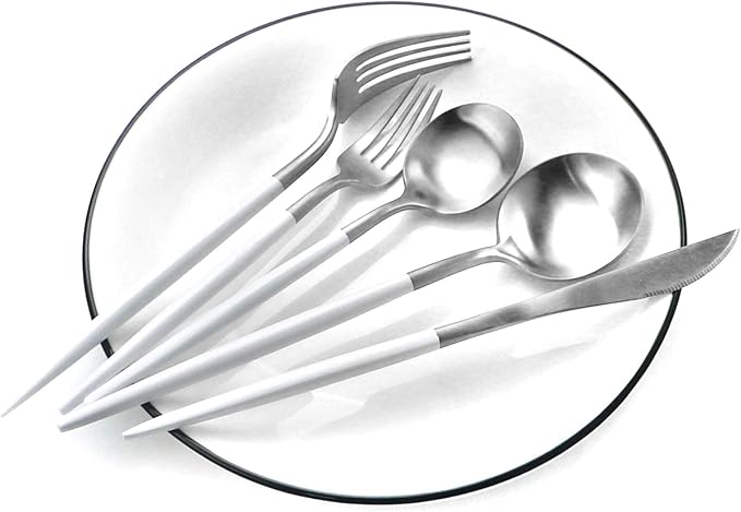 Gugrida White Silver Flatware, Royal 20-Piece Matte White Handle 18/10 Stainless Steel Tableware Sets for 4 Including Forks Spoons Knives, Camping Silverware Travel Utensils Set Cutlery (White Silver)