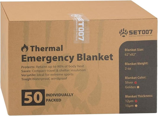 50 Pack Emergency Mylar Thermal Blankets - 82"x62" Waterproof Heat Reflective Blankets, Bulk Rescue Blanket for Survival, Camping, Marathons, Bug Out Bag, First Aid, Silver