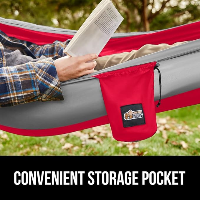 GORILLA GRIP Durable Portable Camping Hammock, Holds 400lbs with Heavy Duty Tree Straps, Comfortable Travel Swing, Camp Hammocks, Easy to Use and Install, Outdoor Essentials, Red, 10x6.5 FT