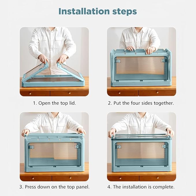 2 Pack Plastic 4 Doors Collapsible Storage Bins with Lid & Wheels, 50 Liters Folding Storage Bins, Stackable Multifunctional Box for Camping Clothes Snack Storage