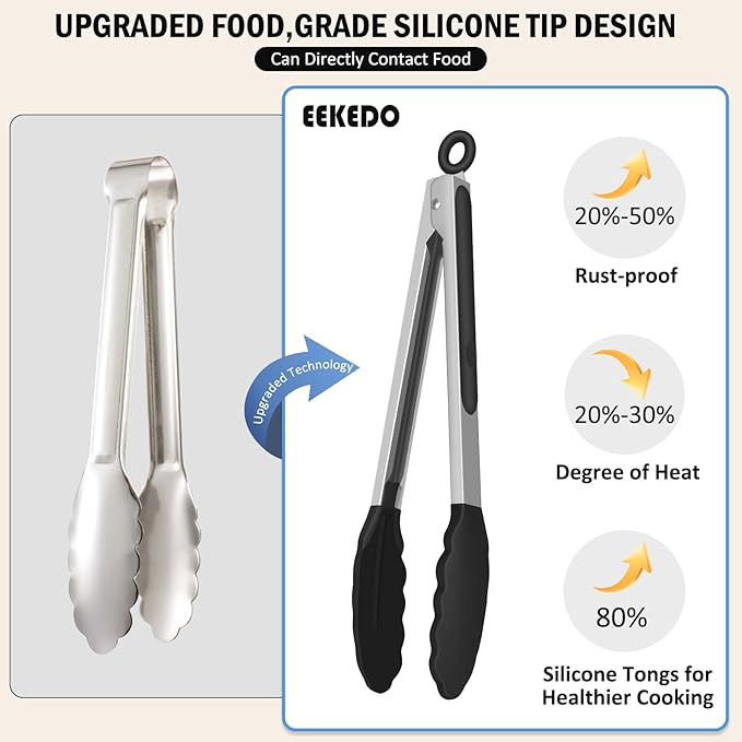 Kitchen Tongs, Stainless Steel Silicone Tongs for Cooking 600ºF High Heat-Resistant BBQ Grilling Locking Tongs, Set of 2-9" and 12" Black