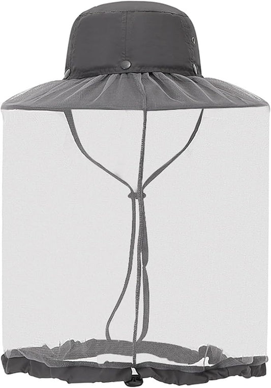 Mosquito Sun Hat with Net, Concealable Mesh, Drawstring Adjustable Skirt and Wind Cord, for Fishing Beekeeping Gardening