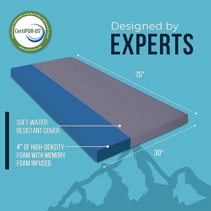 Foamma 4" x 30" x 75" Memory Foam Roll-Up Camping Mattress with Water Resistant Zipper Cover, Foldable and Portable for Camping, RV Bunk, Tent, Guest Bed, Outdoor and Dorm, CertiPUR-US Certified Foam
