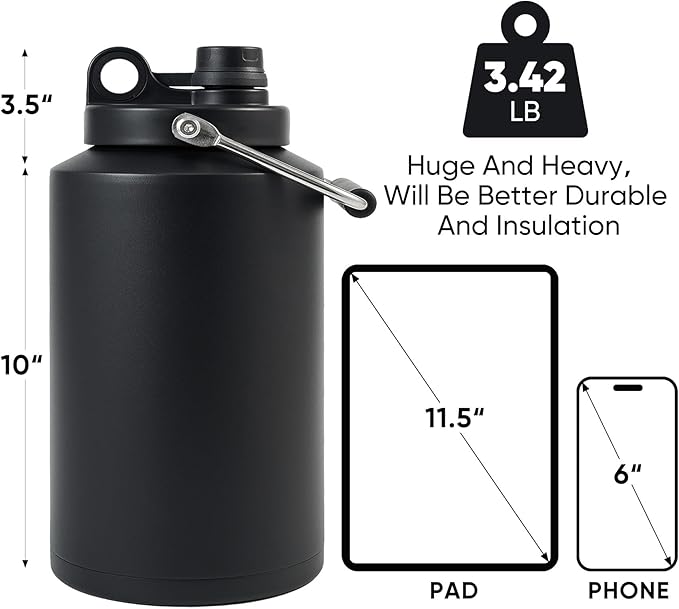 Kerilyn Insulated Jug with Handle, One Gallon, 128oz Stainless Steel, Large Double Vacuum Water Bottle for Hot & Cold Drinks, Wide Mouth, Sweat Proof, Great for Travel, Hiking & Camping, Black