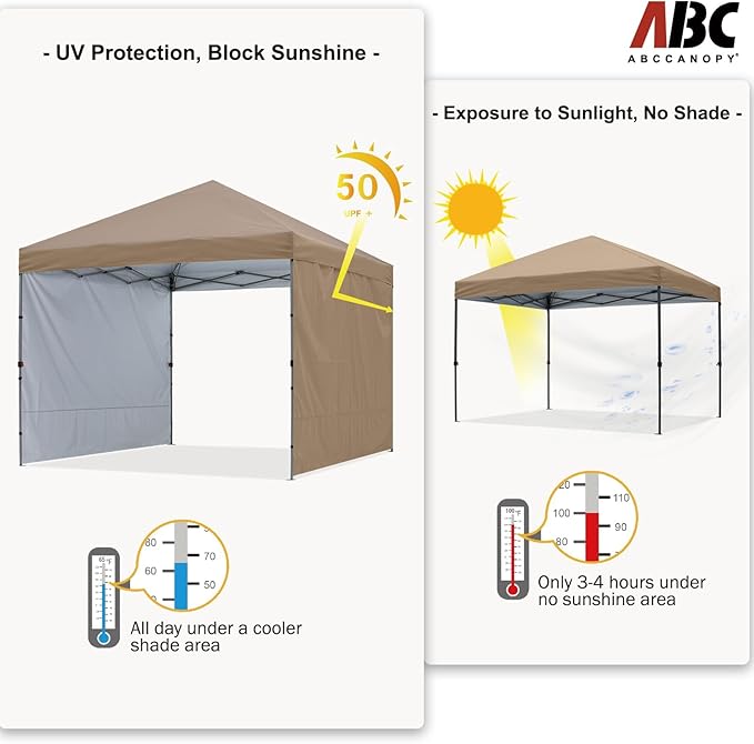 ABCCANOPY Easy Pop up Canopy Tent with 2 Sidewalls for Outdoor Sun Blocking or Rain Protection,10x10,Khaki
