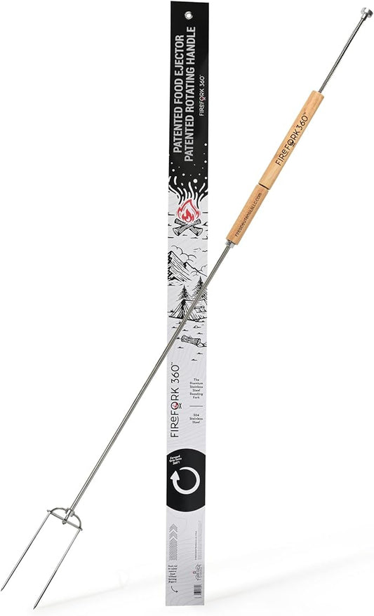 Extra Long Cooking Fork with Patented Rotating Handle and Food Ejector. Stainless Steel Camping Forks for Fire Pit, BBQ, Campfire Marshmallow Roasting Sticks, Hot Dogs, S'mores