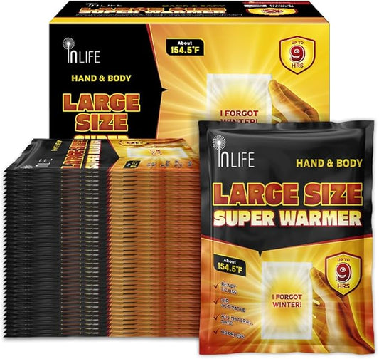 InLife Large Size Super Warmer for Hands and Body, All Natural & Safe, Bigger & Wider Area Covered, Higher Heating 145°F, Air Activated, Easy & Comfort, Steady Longer Lasting, Odorless, 40 Packs