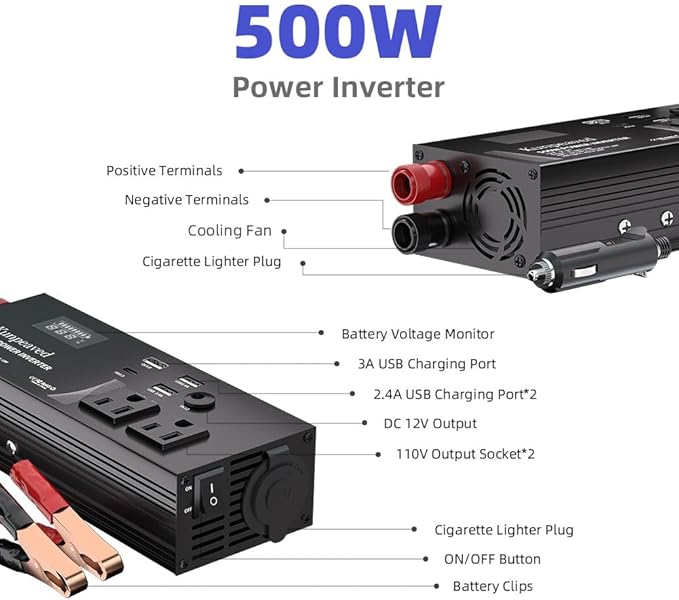500W Power Inverter DC 12V to 110V Car Charger Converter with Dual USB Ports and 2 AC Outlets for Air Compressor Laptops, Road Trip Accessories (Black)