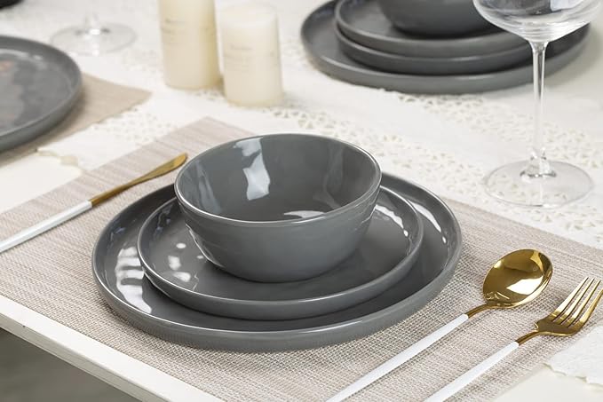 Famiware Mars Plates and Bowls Set, 12 Pieces Dinnerware Sets, Dishes Set for 4, Dark Gray