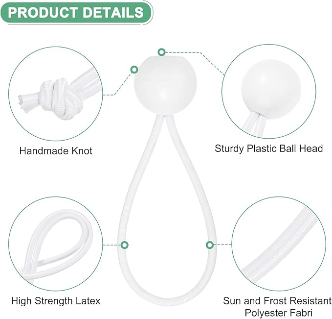 50-Pack Ball Bungee Cords, 4 Inch High Elastic Canopy Tarp Tie Down Bungee Balls for Camping/Tent/Cargo Holding Wire Hoses/Patio Umbrellas/Shelter [White]