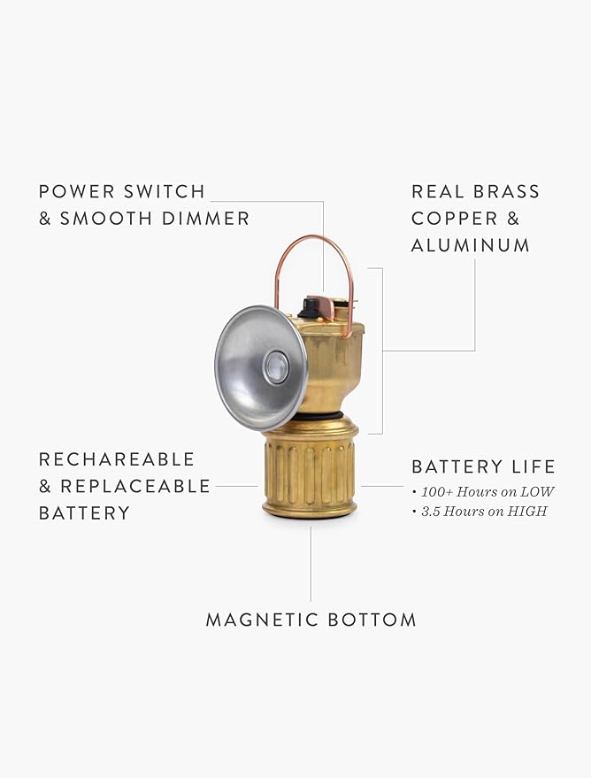 Barebones Miners Lantern – Vintage-Inspired Rechargeable LED Lantern with Dimmable Light, Magnetic Base, Weatherproof Design, and Brass Finish – Portable Camping and Indoor Decor Light