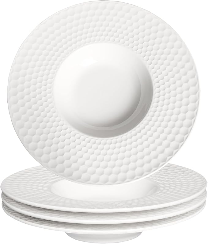 Creative home decor ceramic wide-rimmed soup bowls/plates, 5.3 oz pasta bowl set of 4, white embossed bowls and plates with rims, perfect for upscale restaurants, hotels and gourmets.