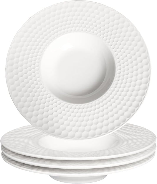Creative home decor ceramic wide-rimmed soup bowls/plates, 5.3 oz pasta bowl set of 4, white embossed bowls and plates with rims, perfect for upscale restaurants, hotels and gourmets.