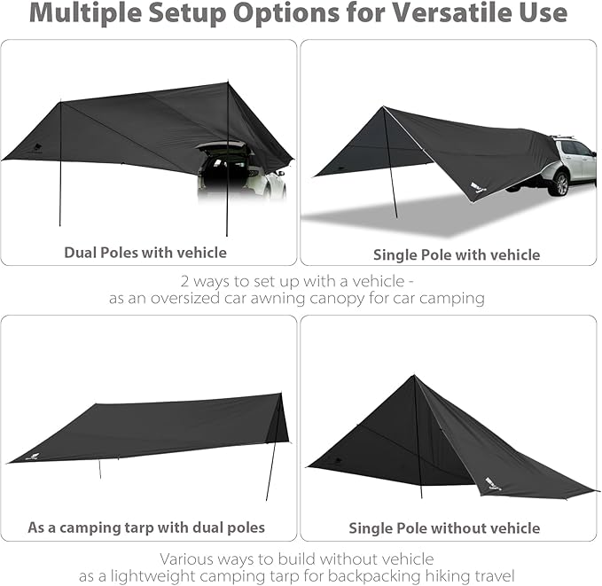 GEERTOP Large Car Awning Tarp for Camping Backpacking Tarp SUV Tailgate Truck Canopy Sun Shade Waterproof Outdoor Rear Vehicle Awning Shelter for Van, MPV, Campers