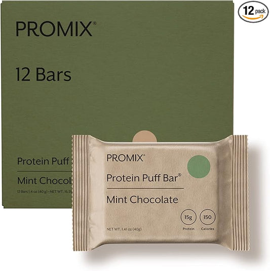 ProMix Nutrition Protein Puff Bars - Mint Chocolate- Marshmallow Crispy Treat - Great Tasting & Healthy On The Go Snack - High Protein & Low Calorie -Free From Gluten, Soy, & Corn - 12 Bars