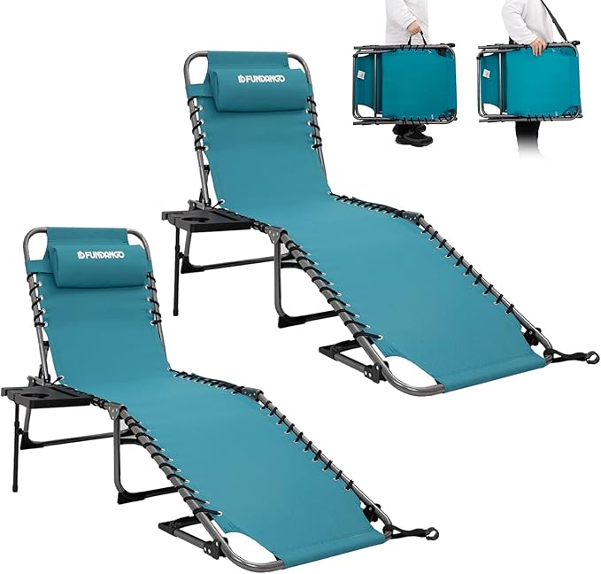 FUNDANGO 2 Pack Folding Chaise Lounge Chair Outdoor, 5 Positions Foldable Beach Lounges Chairs for Adults with Side Table & Pillow for Outside Tanning Pool Camping Patio Lawn (Cyan)