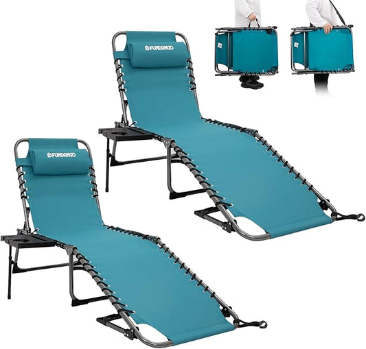 FUNDANGO 2 Pack Folding Chaise Lounge Chair Outdoor, 5 Positions Foldable Beach Lounges Chairs for Adults with Side Table & Pillow for Outside Tanning Pool Camping Patio Lawn (Cyan)