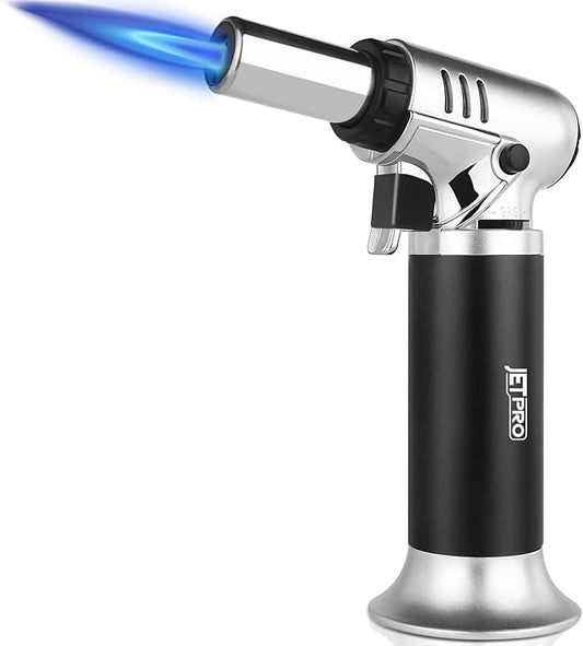 Butane Torch Lighter Refillable with Adjustable Flame Kitchen Torch for Creme Brulee Baking BBQ Cooking Soldering One Hand Operation with Fuel Window Safety Lock (Butane Gas Not Included)