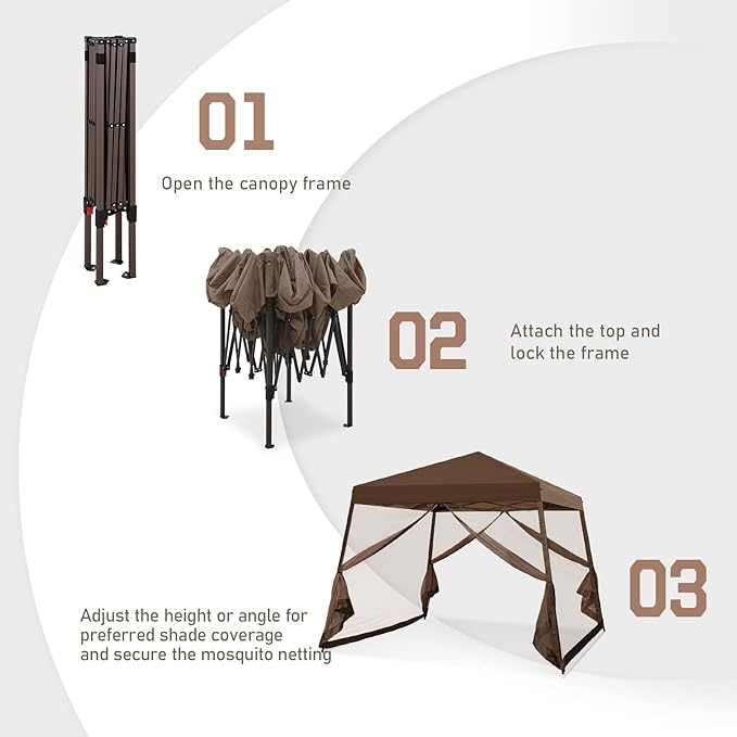 EAGLE PEAK 10x10 Slant Leg Easy Setup Pop Up Canopy Tent with Mosquito Netting 64 sqft of Shade, Brown