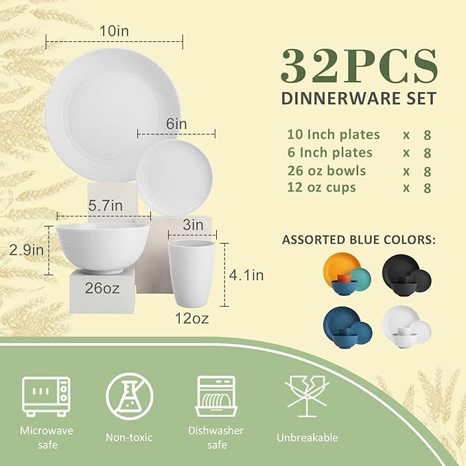 32-piece Kitchen Alternative Plastic Wheat Straw Dinnerware Sets,Unbreakbale Dishwasher Safe Kitchen Bowls and Plates Sets with Cups,Modern Apartment Essential Dishes Set for 8.White Series