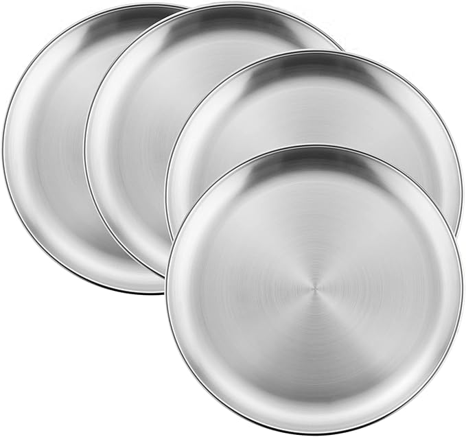 HaWare 4-Piece 18/8 Stainless Steel Plates, Metal 304 Dinner Dishes for Kids Toddlers Children, 10 Inches Feeding Serving Camping Plates, Reusable and Dishwasher Safe