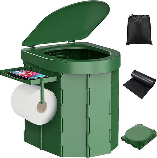 Portable Camping Toilet, Foldable Toilet for Adults with Detachable Phone Shelf and Toilet Paper Holder, Waterproof Porta Potty with Lid for Camping, Hiking, RV Travel, Road Trips