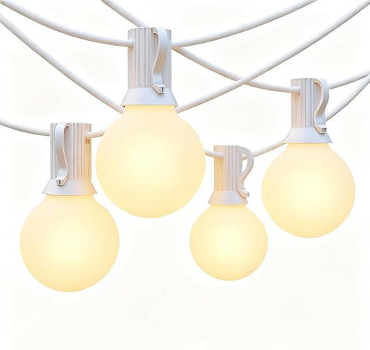 25Ft Outdoor White Frosted String Lights with 27 G40 Frosted Bulbs,E12 Socket Base,Waterproof Connectable Hanging Lights for Backyard Wedding Porch Bistro Party Valentine's Day Decor,White Wire