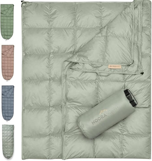 Down Camping Blanket with Footbox – Lightweight, Packable, Water Resistant Backpacking Quilt & Warm Puffy Compact Outdoor Throw – 52x77 with Stuff Sack for Stadium, Hiking & Travel