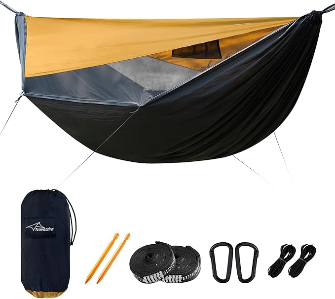 Camping Hammock with Mosquito Net and Sunshade, Backpacking Hammock with Ridge Rope Tree Straps, Lightweight Portable Hammocks for Outside, Hiking, and Travel