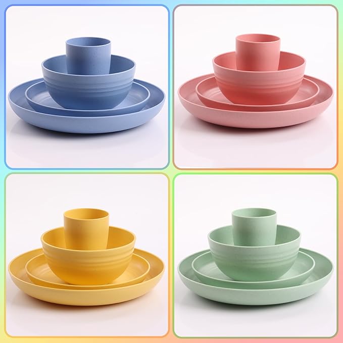 32 pcs Unbreakable Lightweight Wheat Straw Dinnerware Sets for 8, Reusable Kids Plates and Bowls Sets Non Toxic, Microwave and Dishwasher Safe Plastic Dishes Set, Camping RV Picnic Dishes