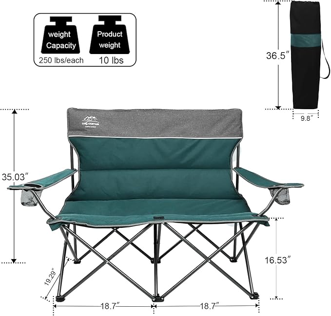3 Piece Portable Camping Chairs Set,Folding Lawn Chair Set with Cup Holder,Outdoor Heavy Duty Comfy Chairs,Loveseat Chair Perfect for Family Hiking,Picnics and Beach Trips,Bistro Green