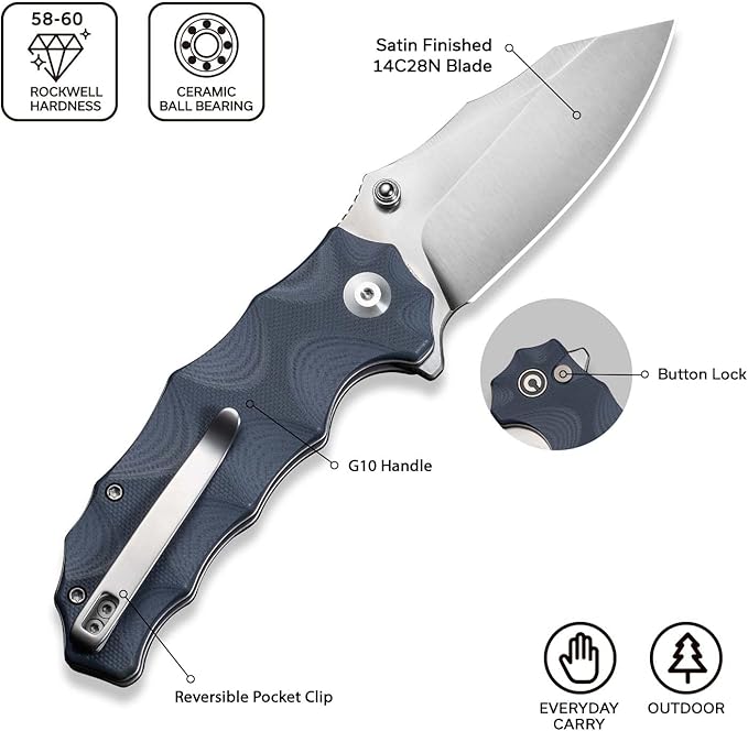 CIVIVI Natterjack Pocket Folding Knife, 3.19" 14C28N Blade G10 Handle with Reversible Clip, Thumb Stud & Flipper Opener Knife for Camping Hiking EDC C24028-2 (Neutral Blue)