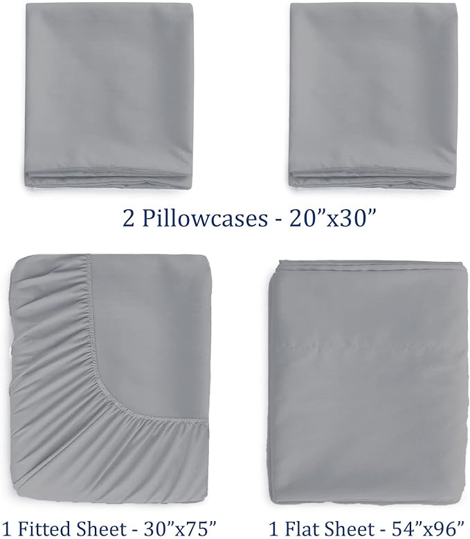 Cot Sheets 30" x 75" - 4 PCs Cot Sheet Set - 600TC 100% Cotton Sheet Set - Cot Size Fitted Sheets Perfect for Narrow Twin/Camp Bunk/Rvs Bunk/Guest Beds/Trifold Mattress, 4-8" Deep Pocket - Light Grey