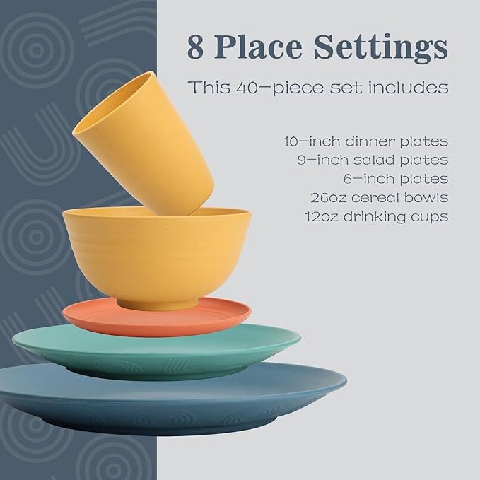 Wheat Straw Dinnerware Sets 40 PCS| Plates and Bowls Sets for 8, Unbreakable Dinner Plate, Dessert Plates, Cereal Bowl, Drinking Cups, Microwave Safe Dishes Set for Kitchen, Outdoor - Multi