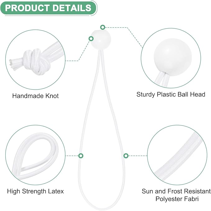50-Pack Ball Bungee Cords, 9 Inch High Elastic Canopy Tarp Tie Down Bungee Balls for Camping/Tent/Cargo Holding Wire Hoses/Patio Umbrellas/Shelter [White]