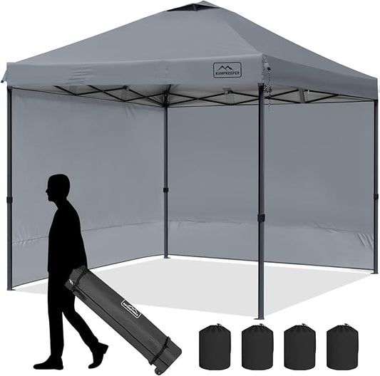 KAMPKEEPER 10x10 Pop Up Canopy Tent with 2 Sidewalls, Beach Tent - Easy Outdoor Sun Shade for Events, Parties, Camping - Gazebo with 4 Weight Bags & Carry Bag.（Grey）