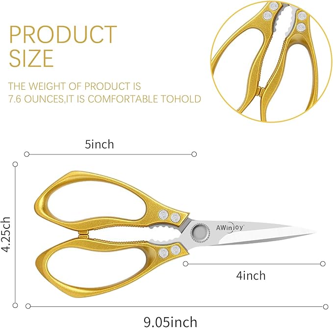 Heavy Duty Sharp Kitchen Scissors, Multipurpose Cutting Scissors for Meat, Chicken, Fish, Poultry, Herbs, Bread - Dishwasher Safe - Gift (Gold)