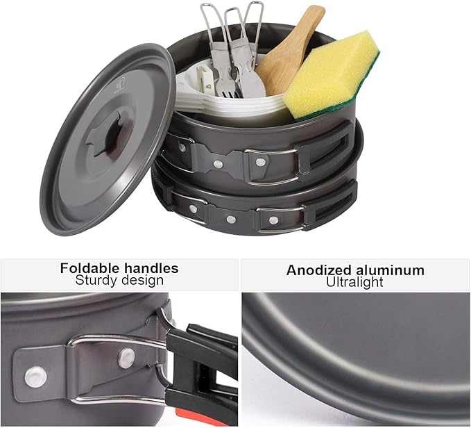 REDCAMP 6/10/11/12/14/15/19 PCS Camping Cookware Mess Kit Camping Gear Campfire Utensils Lightweight Stackable Pot Pan Bowls Soup Spoon with Storage Bag for Camping, Backpacking, Outdoor Cooking