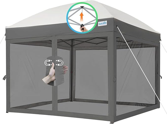 Quictent 10’x10’ Pop up Canopy Tent with Netting, One Person Instant Setup Screen House Room Tent Screened- 2 Magnetic Doors Waterproof (Gray)