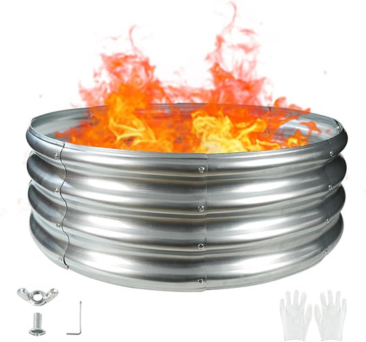 32 Inches Diameter Camp Fire Ring Pit, Large Round Galvanized Steel Fire Pit, Heavy Duty Steel Fire Pit Silver for Backyard, Camping, Bonfire (2.67x2.67x1FT)